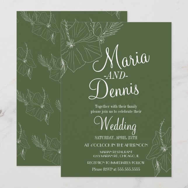 Invitación Hibisco Simple Línea Tropical Verde (Anverso / Reverso)