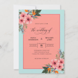Invitación Hibisco Tropical Coral Suave Eucalipto Boda