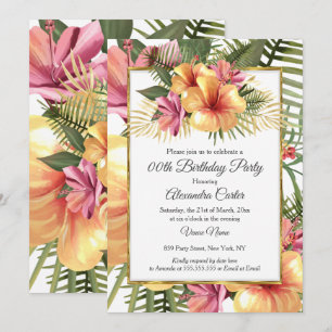 Invitación Hibisco Tropical Floral Amarillo Rosa Dorado Cumpl
