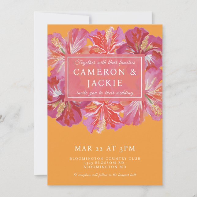 Invitación Hibisco Tropical Rosa Vibrante Boda  (Anverso)