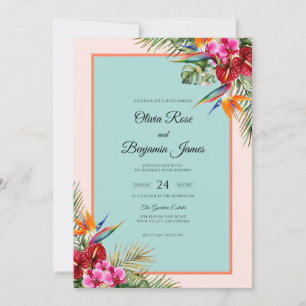 Invitación Hibisco Tropical Turquesa Boda Suave Eucalipto