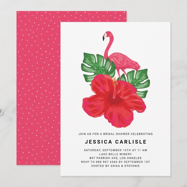 Invitación Hibiscus and Pink Flamingo Tropical Bridal Shower (Anverso / Reverso)