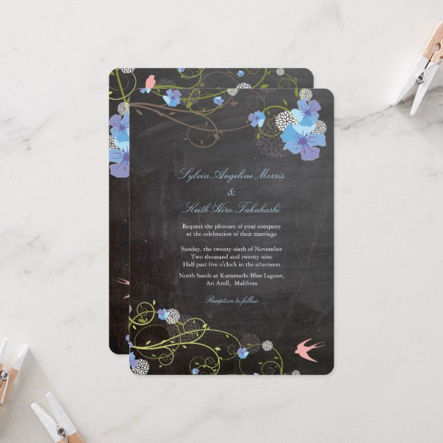 Invitación Hibiscus azul e ingiere un Boda de tablero floral (Anverso/Reverso In Situ)