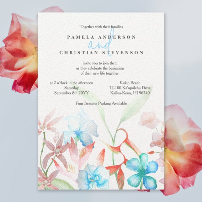 Invitación Hibiscus azul, Naranja Heliconia Flowers Boda (tropical orange heliconia wedding invitation with blue hibiscus and pink gardenia flowers)