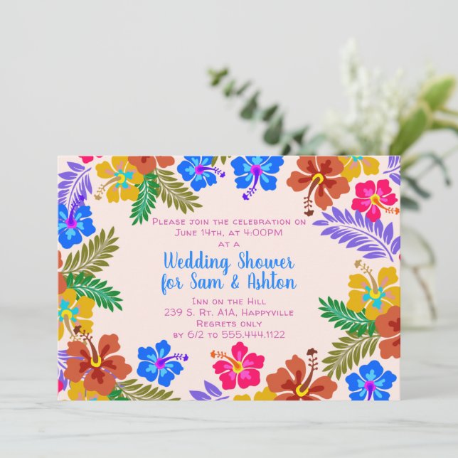 Invitación Hibiscus Border Wedding Ducha Flores Tropicales En (Anverso de pie)