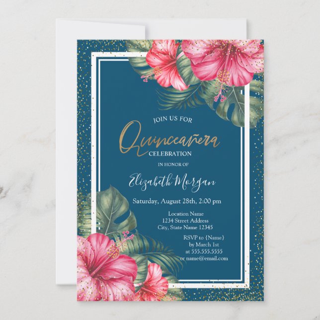 Invitación Hibiscus, Cabo de graduación Azul Quinceañera (Anverso)