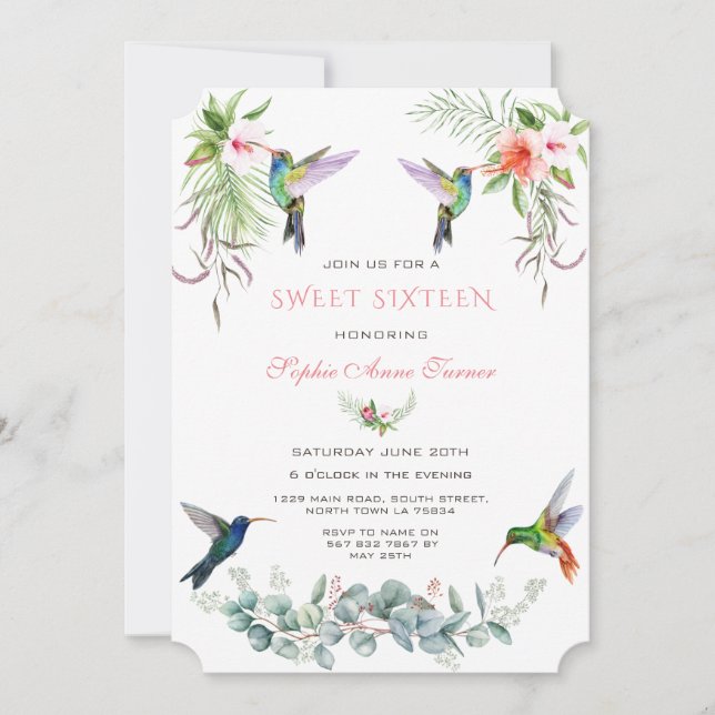 Invitación Hibiscus Exótico Pájaros de picor Rosa Dulce Dieci (Anverso)