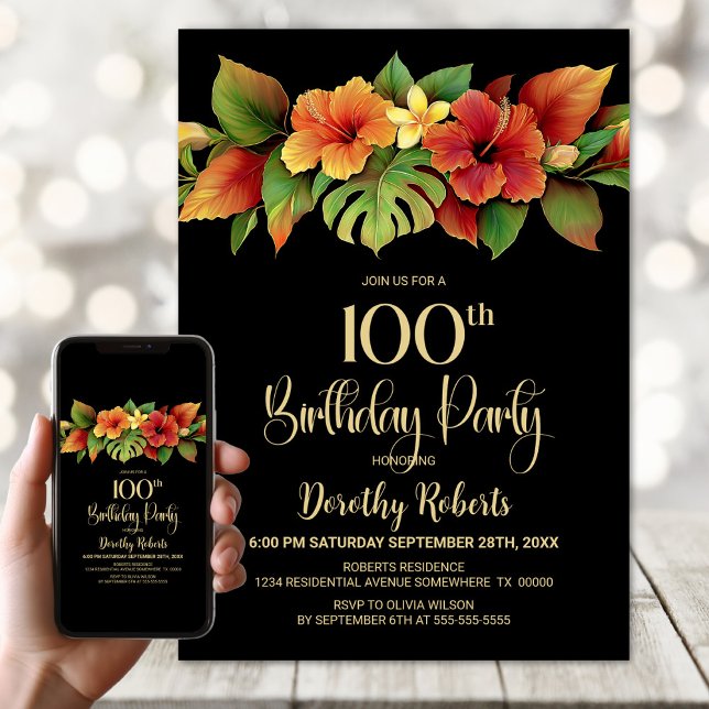 Invitación Hibiscus Floral Black 100 cumpleaños (Subido por el creador)