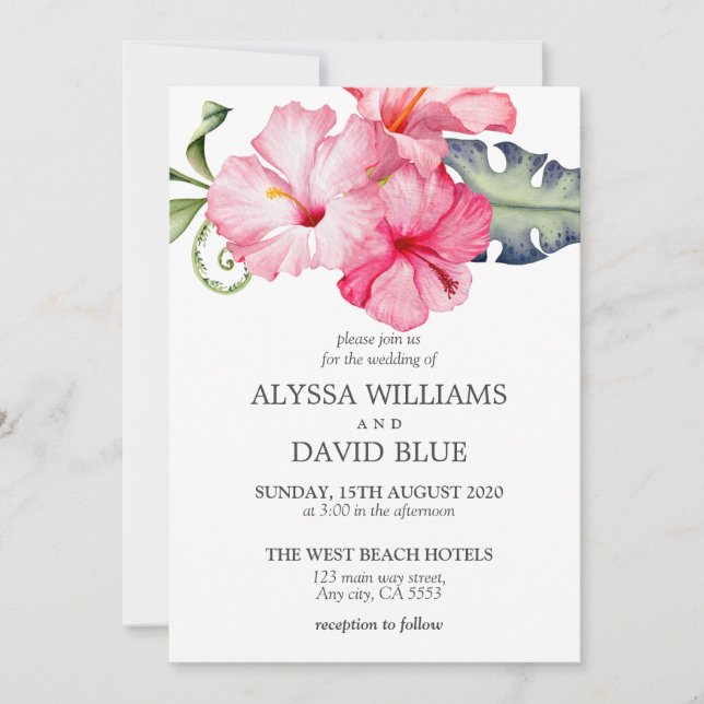 Invitación Hibiscus Floral Watercolor Romántico Boda (Anverso)