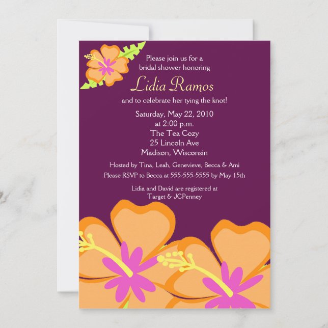 Invitación Hibiscus Flower Tropical 5x7 Bridal Shower Invite (Anverso)