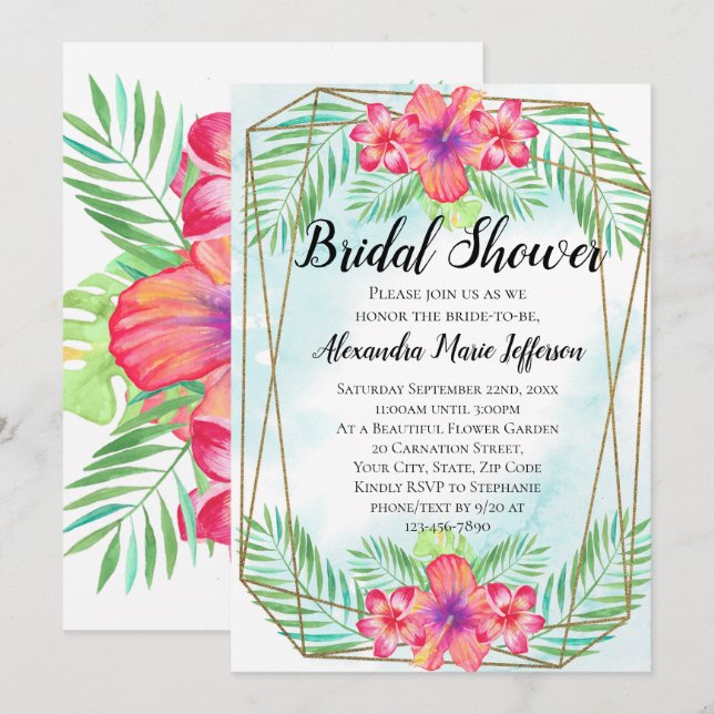 Invitación Hibiscus Flower Watercolor Beach Shower (Anverso / Reverso)