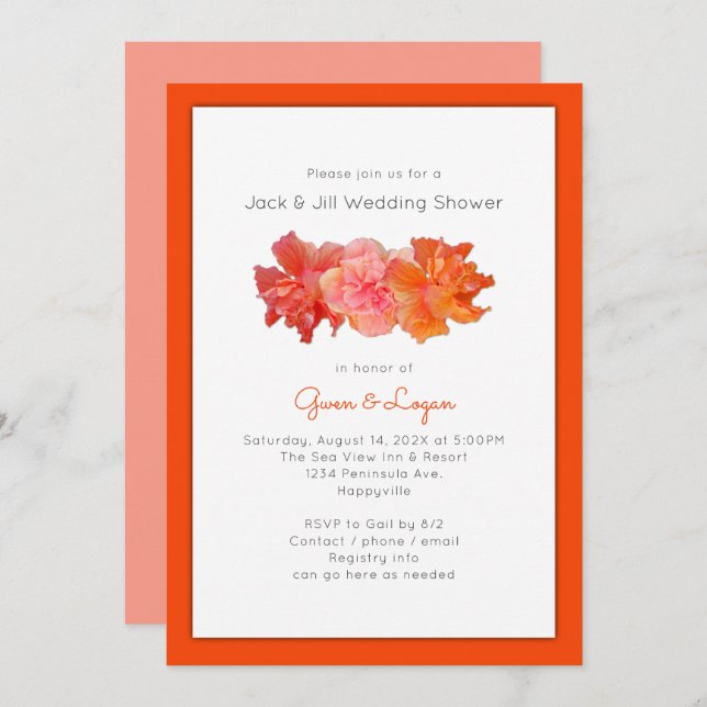 Invitación Hibiscus Flowers Naranja Wedding Shower (Anverso / Reverso)