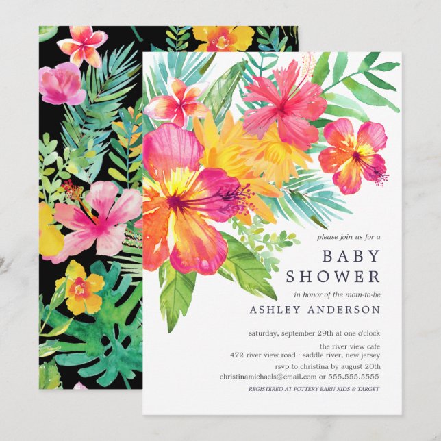 Invitación Hibiscus Flowers Tropical Baby Shower (Anverso / Reverso)