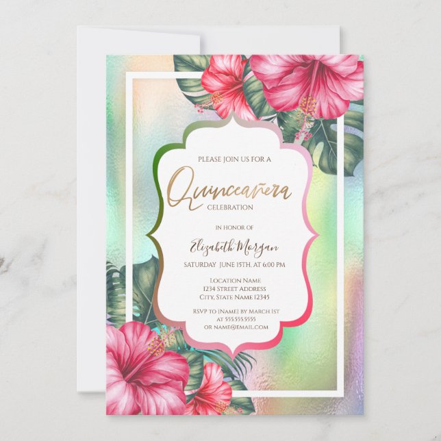 Invitación Hibiscus Frame Holographic Quinceanera (Anverso)