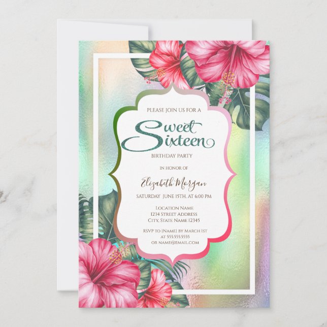 Invitación Hibiscus Frame Holographic Sweet 16 (Anverso)