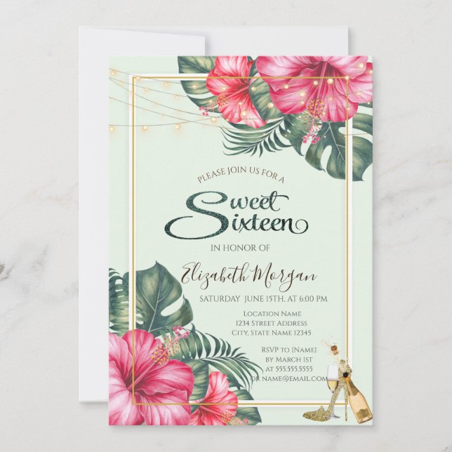 Invitación Hibiscus, Gold Heels Purpurina Sweet 16 (Anverso)
