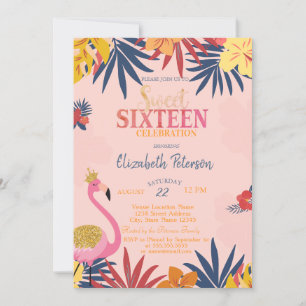 Invitación Hibiscus Hojas Tropicales Flamencos Dulces 16