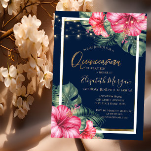 Invitación Hibiscus, Luces, Madera, Quinceanera de marco