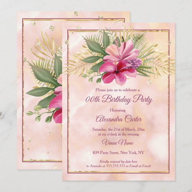 Invitación Hibiscus Plum Oro de mármol rosa Fiesta de cumplea (Anverso / Reverso)
