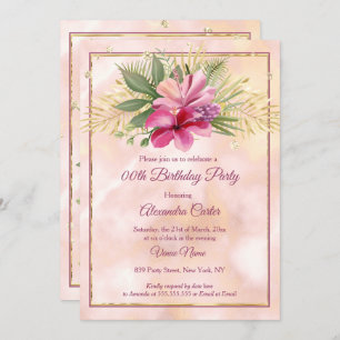 Invitación Hibiscus Plum Oro de mármol rosa Fiesta de cumplea