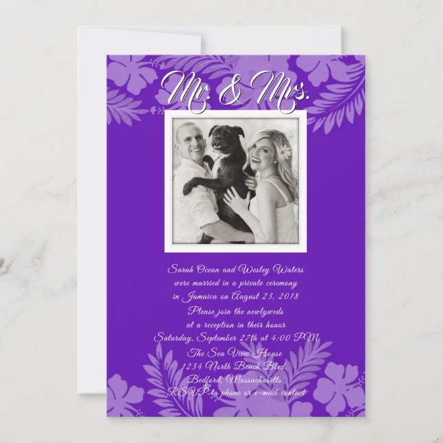 Invitación Hibiscus púrpura deja sólo recepción de fotos (Anverso)