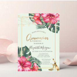 Invitación Hibiscus, Purpurina de talones de oro Quinceanera