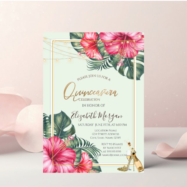 Invitación Hibiscus, Purpurina de talones de oro Quinceanera (Subido por el creador)