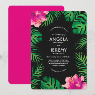 Invitación Hibiscus rosado y Boda de hojas tropicales