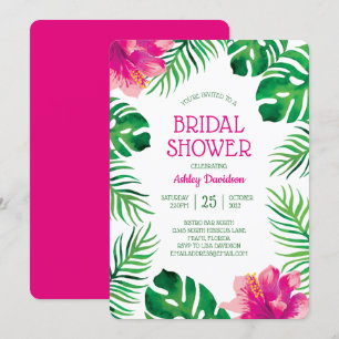 Invitación Hibiscus rosado y ducha de novias con hojas tropic