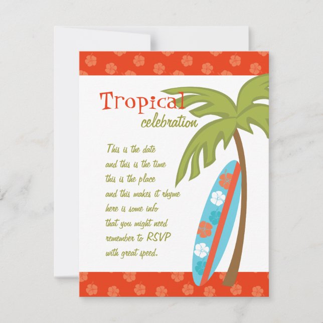 Invitación Hibiscus Surfboard (Anverso)