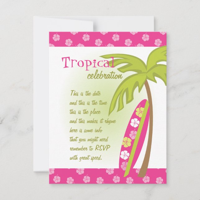 Invitación Hibiscus Surfboard (Anverso)