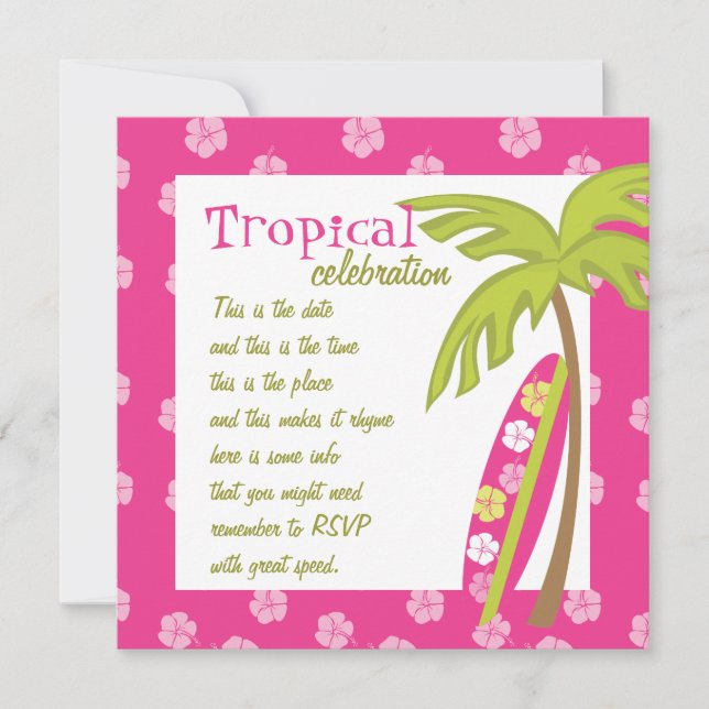 Invitación Hibiscus Surfboard (Anverso)