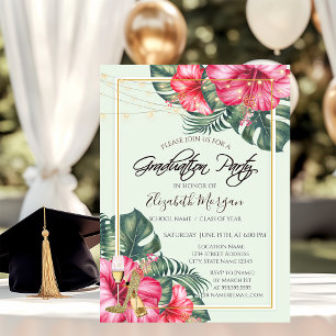 Invitación Hibiscus, Tacones Dorados Brillo Graduación