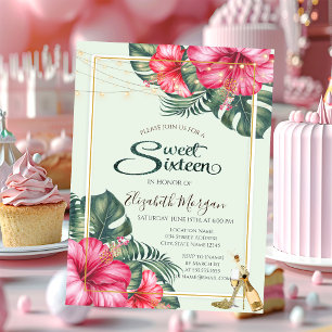 Invitación Hibiscus, Tacones Dorados Brillo Sweet 16