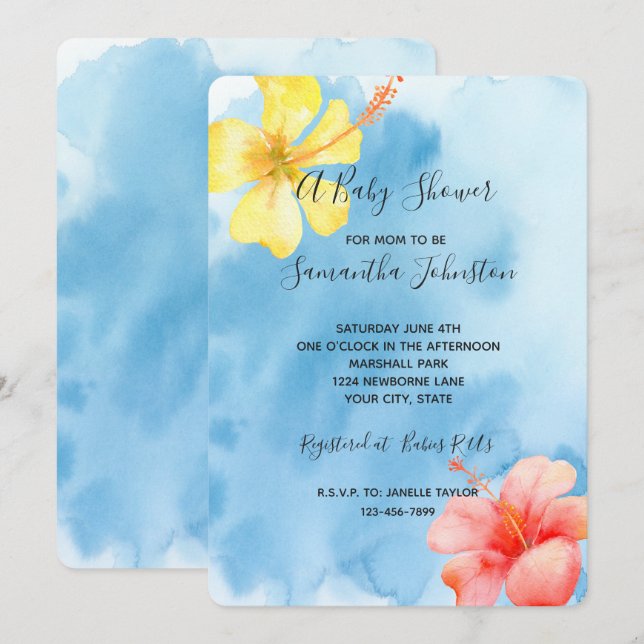 Invitación Hibiscus Tropical Flowers Watercolor Baby Shower (Anverso / Reverso)