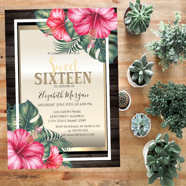 Invitación Hibiscus Tropical Frame Wood Sweet 16 (Subido por el creador)