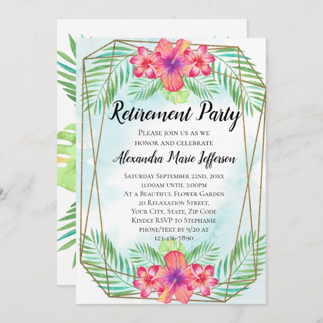 Invitación Hibiscus Tropical Luau Beach Retirement Fiesta (Anverso / Reverso)