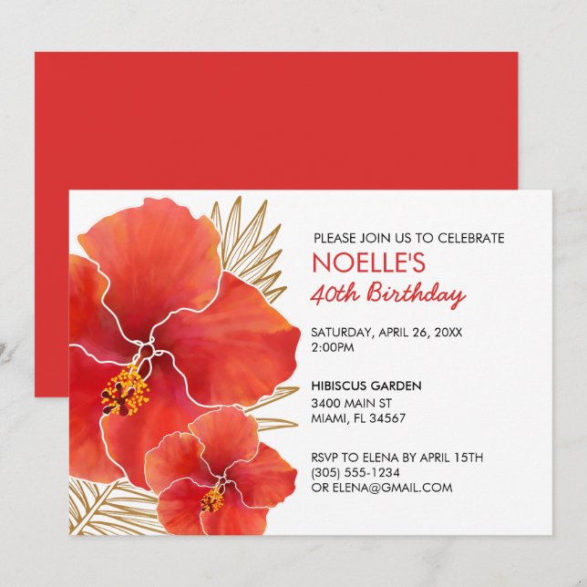 Invitación Hibiscus tropical rojo y hoja de oro 40 cumpleaños (Anverso / Reverso)