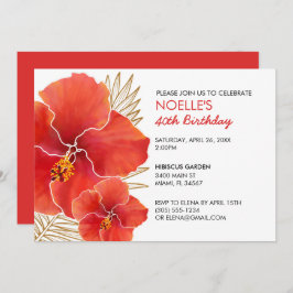 Invitación Hibiscus tropical rojo y hoja de oro 40 cumpleaños