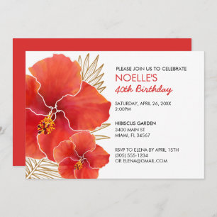 Invitación Hibiscus tropical rojo y hoja de oro 40 cumpleaños