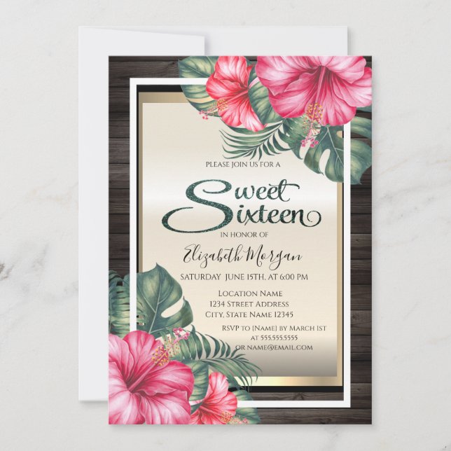 Invitación Hibiscus Tropical Wood Sweet 16 (Anverso)