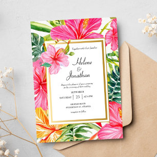 Invitación Hibiscus Watercolor Tropical Destination Wedding
