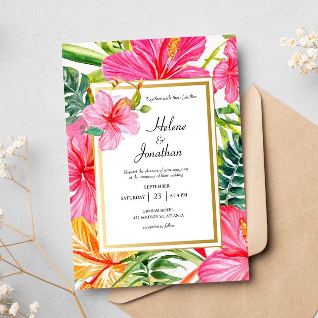 Invitación Hibiscus Watercolor Tropical Destination Wedding (Hibiscus Watercolor Tropical Destination Wedding Invitation)