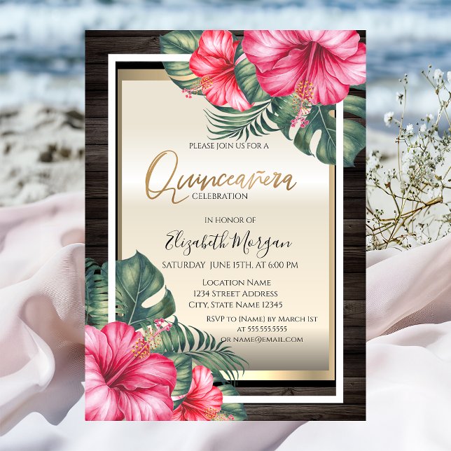 Invitación Hibiscus Wood Quinceanera Tropical (Subido por el creador)
