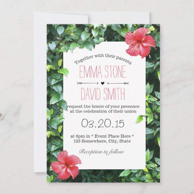 Invitación Hibósco Rojo Tropical Boda de Hawái (Anverso)