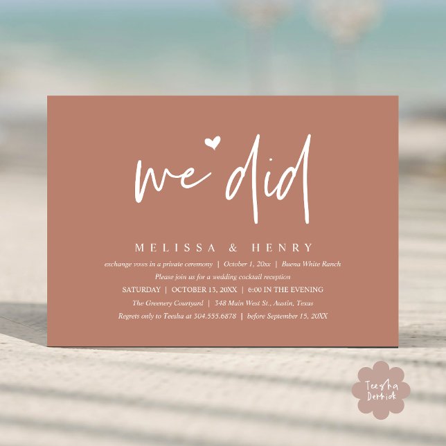 Invitación Hicimos La Cena Moderna De Recepción De Bodas (We Did Modern Wedding Elopement Reception Dinner Party Invitation Card PDF Terracotta Earthy Brown)