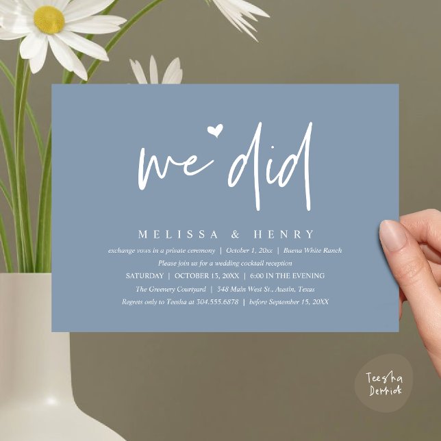Invitación Hicimos La Cena Moderna De Recepción De Bodas (We Did Modern Wedding Elopement Reception Dinner Party Invitation Card PDF Contemporary Dusty Blue)
