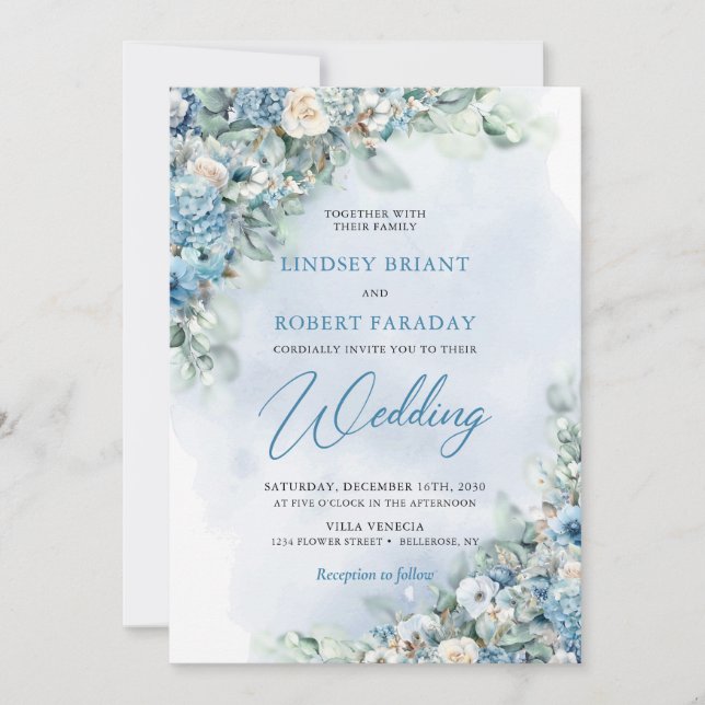 Invitación Hidranea azul boho y rosas de crema eucalipto (Anverso)