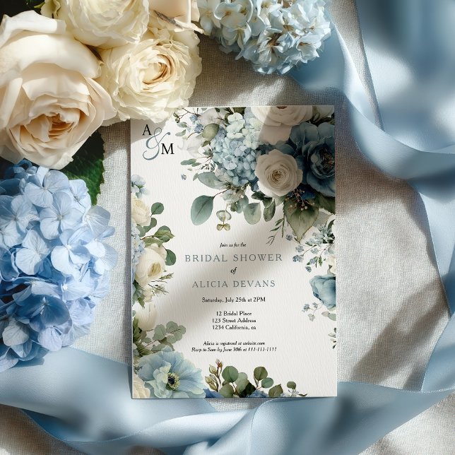 Invitación Hidrangea Azul Acuarela Floral Ducha de novia (Blue Hydrangea Watercolor Floral Bridal Shower Invitation)