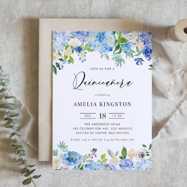 Invitación Hidrangea azul acuarela Quinceañera floral (Subido por el creador)